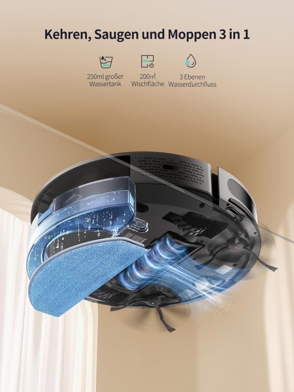 HONITURE Saugroboter mit Wischfunktion,G20 Pro Staubsauger Roboter mit 4500Pa Starke Saugkraft,7,6 cm Roboterstaubsauger mit APP Steuerung 180 Min Laufzeit,Ideal für Tierhaare,Teppiche und Hartböden – Bild 5