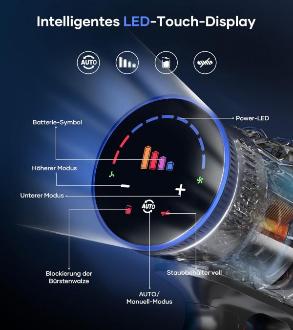 MIBODE Akku Staubsauger, 45000Pa/550W/65Mins Staubsauger Kabellos mit Smart Display, Staubsauger mit Automatikmodus & Anti-Verhedderung-Bürste für Teppich, Hartboden und Tierhaare – Bild 2