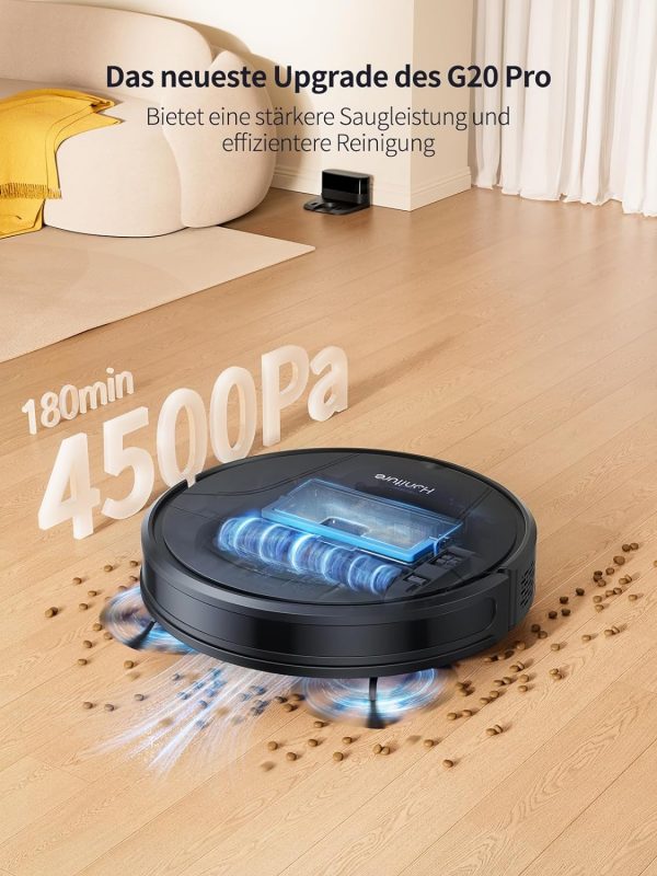HONITURE Saugroboter mit Wischfunktion,G20 Pro Staubsauger Roboter mit 4500Pa Starke Saugkraft,7,6 cm Roboterstaubsauger mit APP Steuerung 180 Min Laufzeit,Ideal für Tierhaare,Teppiche und Hartböden – Bild 6
