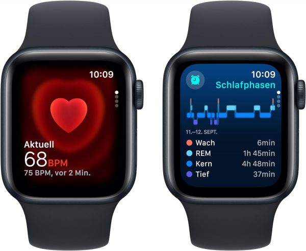 Apple Watch SE (2. Generation, 2023) (GPS, 40 mm) Smartwatch mit Aluminiumgehäuse und Sportarmband (S/M) in Mitternacht.