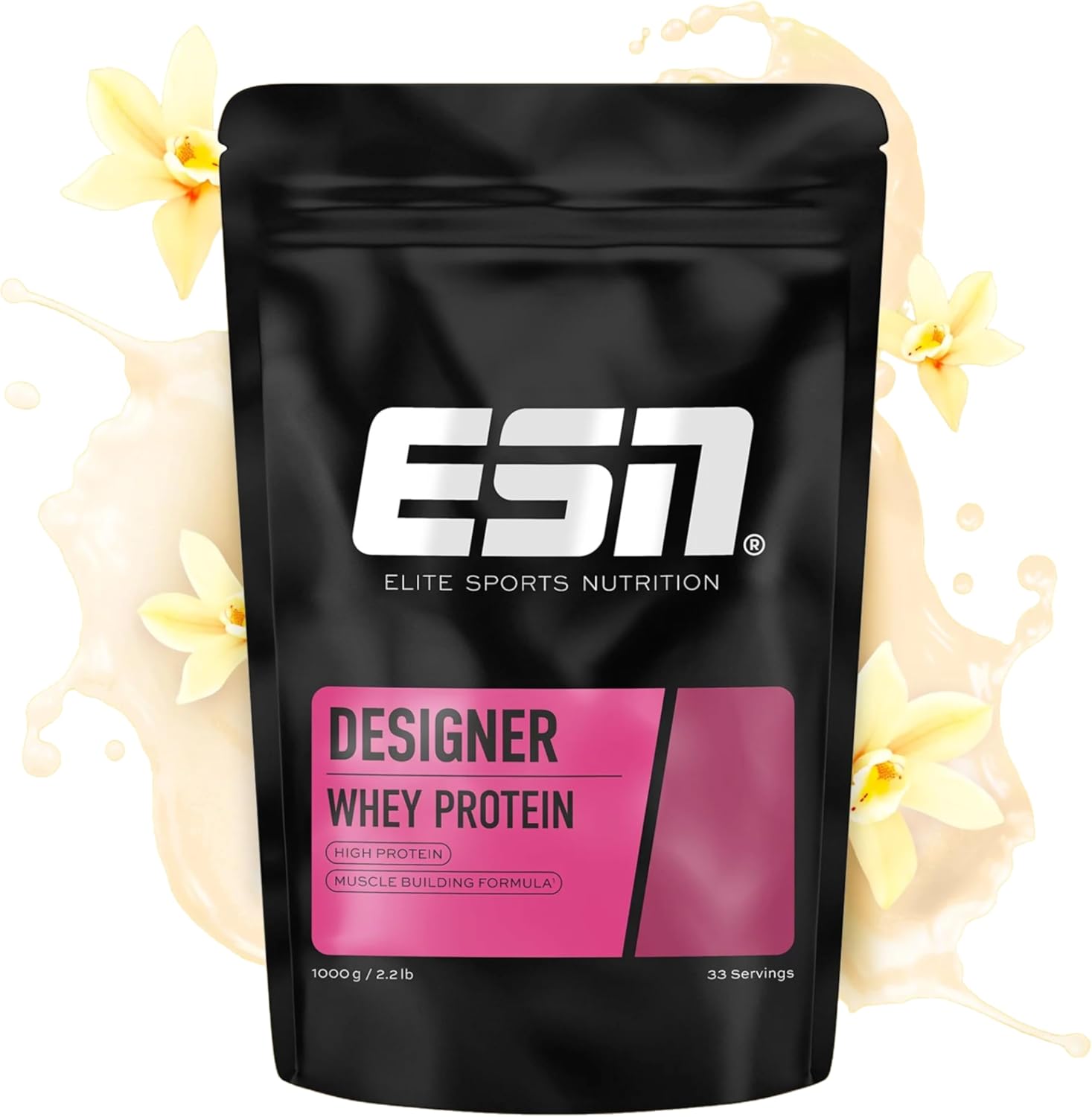 ESN Designer Whey Protein Pulver, Vanilla, 1 kg, bis zu 23 g Protein pro Portion, ideal zum Muskelaufbau und -erhalt, geprüfte Qualität - made in Germany