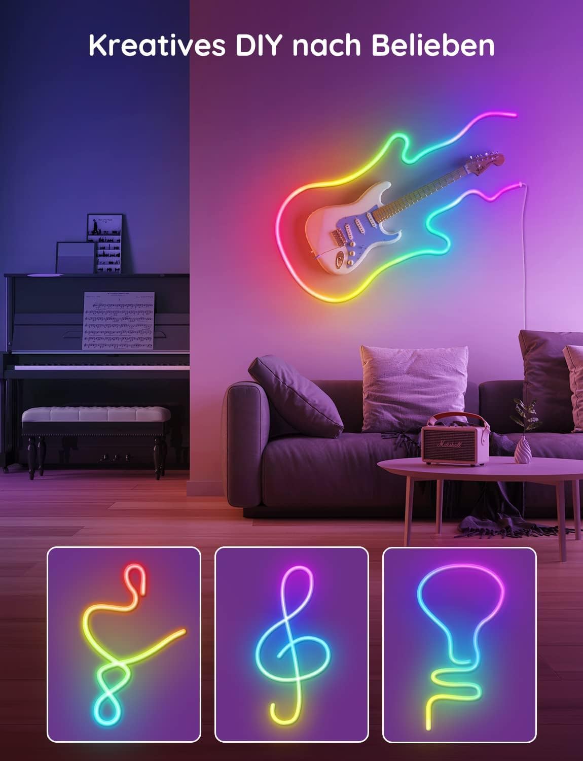 Govee Neon LED Strip 3m, RGBIC Neon LED Streifen mit App-Steuerung, funktioniert mit Alexa und Google Assistant, DIY-Lichteffekte, Musik Sync, Neon Lichtband für Wohnzimmer, Schlafzimmer, Wand Deko